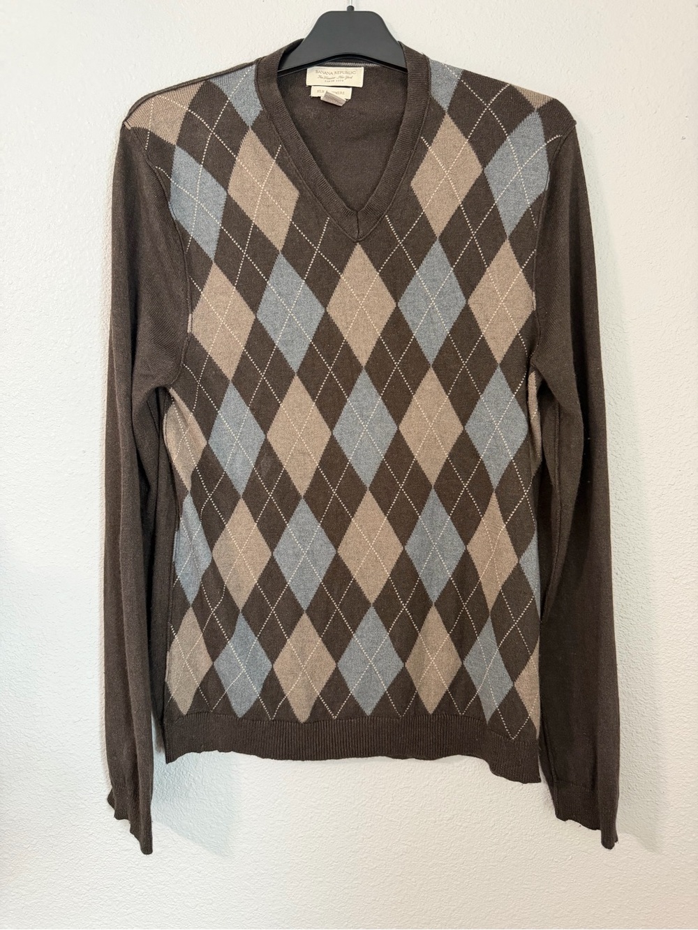 Banana Republic V-Neck Argyle Sweater Silk Cashmere Blend Size Small Men's Brown